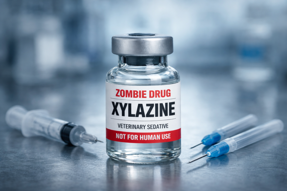 Xylazine Zombie Drug का medical vial या injection, veterinary sedative drug की असली पहचान दर्शाता हुआ